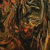 A dense marbled pour of olive, gold, black, and ember-orange, like the chatoyant bands of tiger's eye.